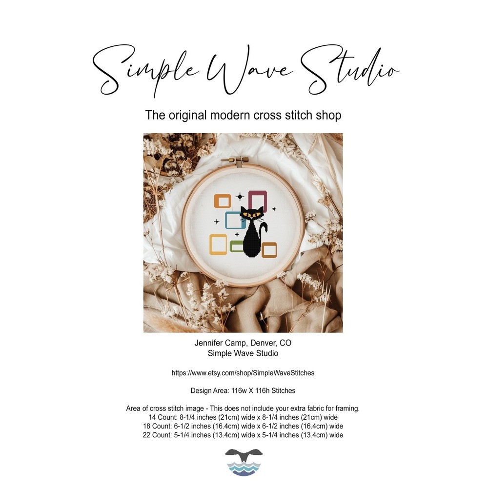 Black Cat Mid Century Atomic Cat Art Counted Cross Stitch Pattern KIT